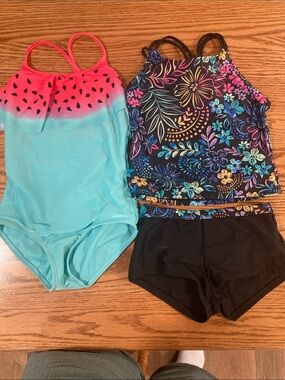 Girls' Watermelon One-Piece & Floral Tankini Set - Aqua, Pink, Black
